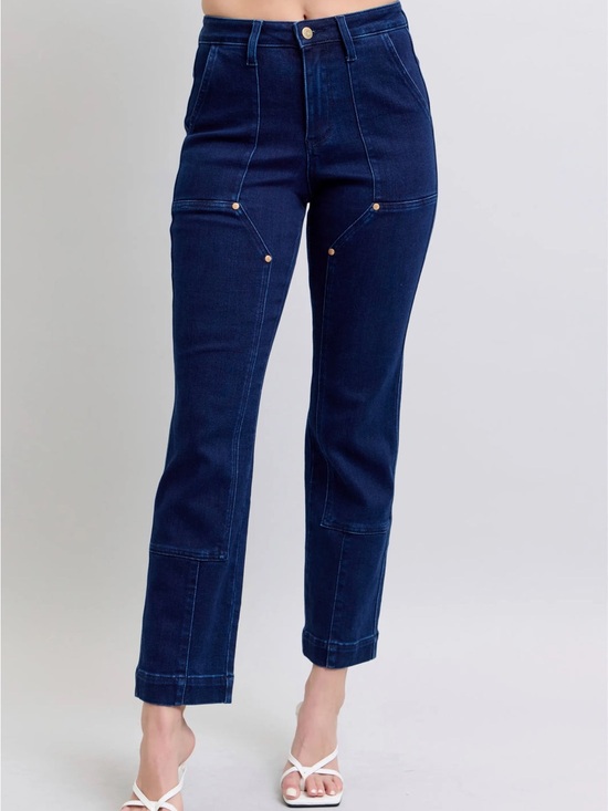 Judy Blue Denim - Judy Blue High-Rise Work Wear Knee Patch Straight Jeans Dark Wash Utility Denim